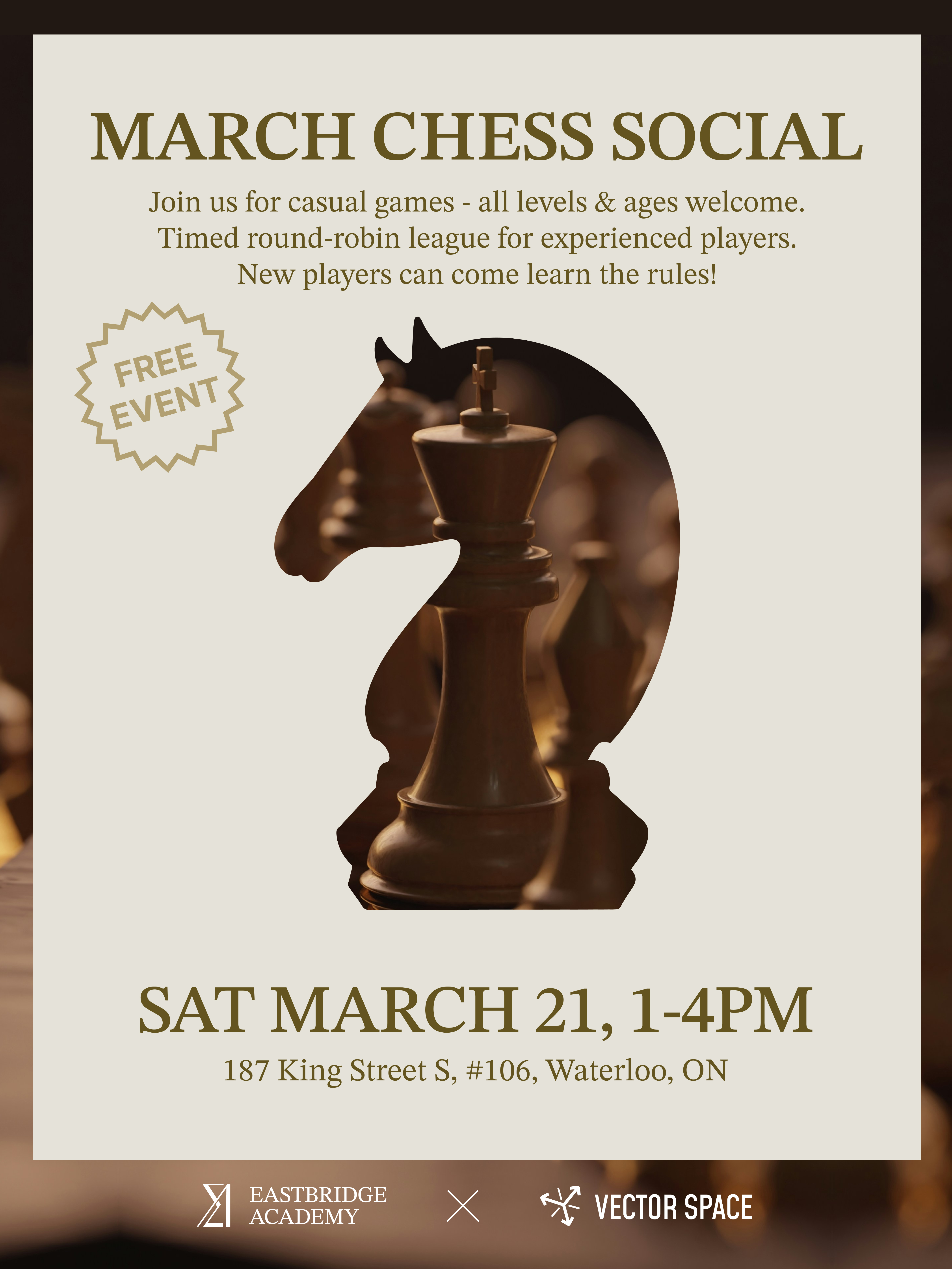 Chess social event poster for March 2026
