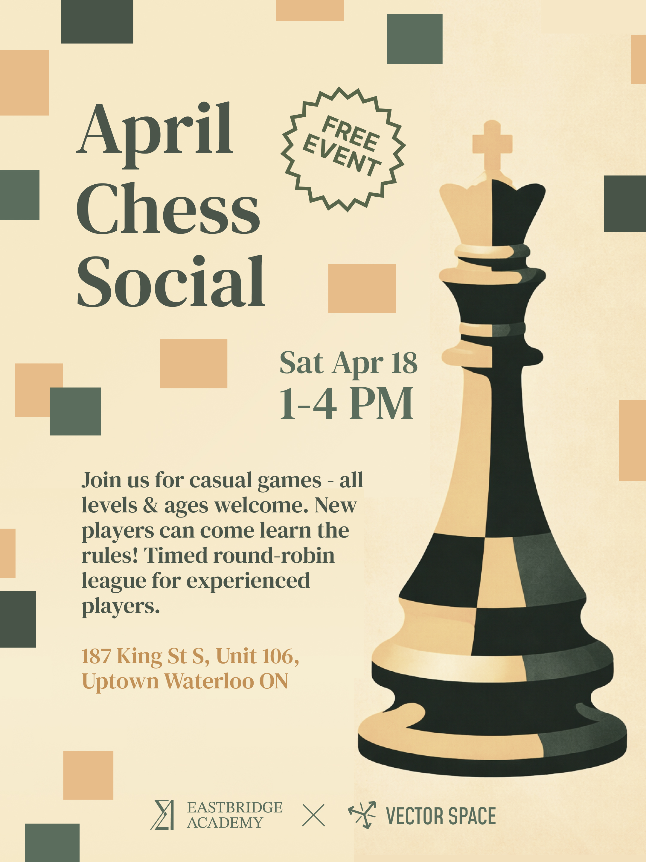 April chess social on Saturday April 18