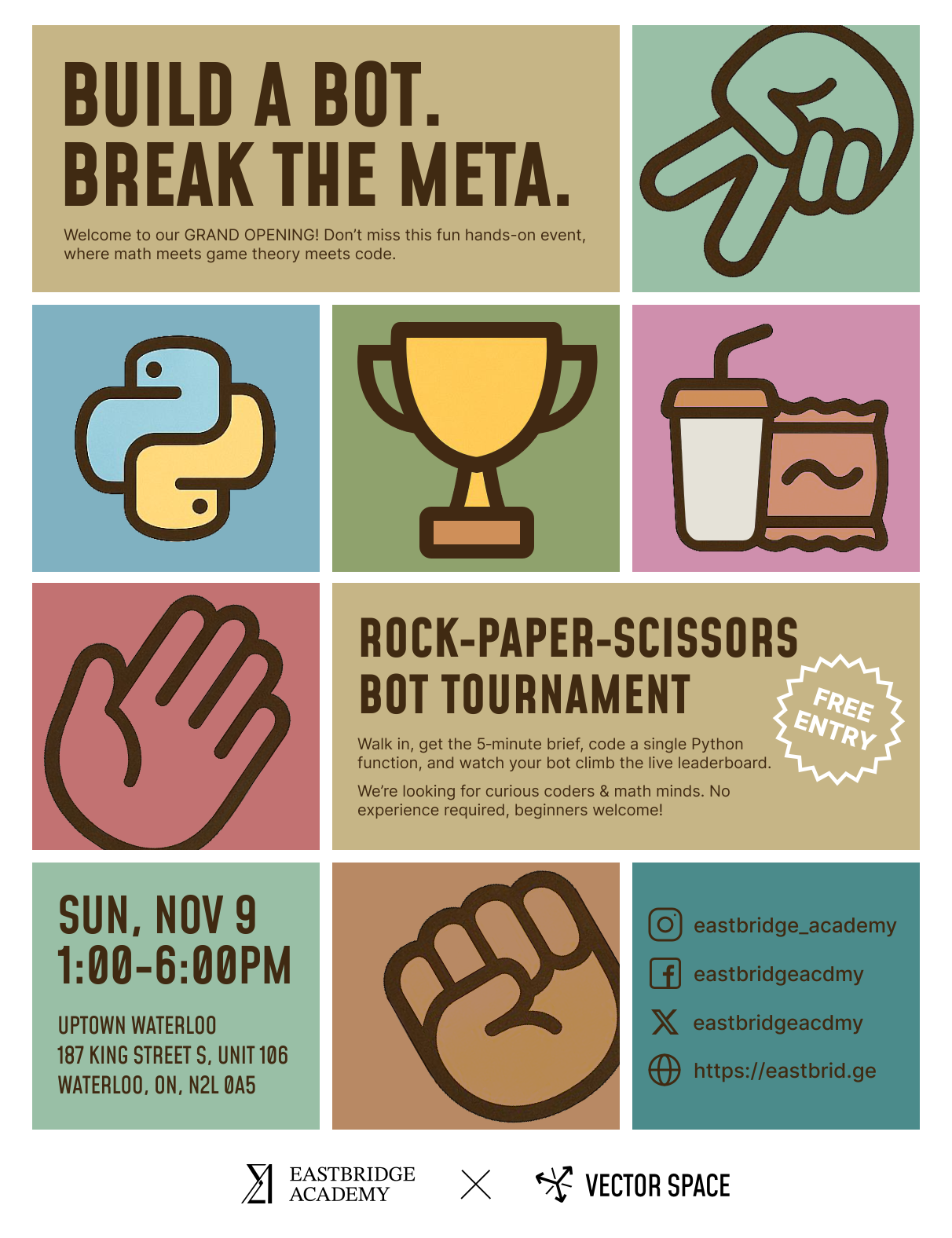 Rock Paper Scissors bot tournament poster with illustrations of hands, a trophy, and a Python logo.